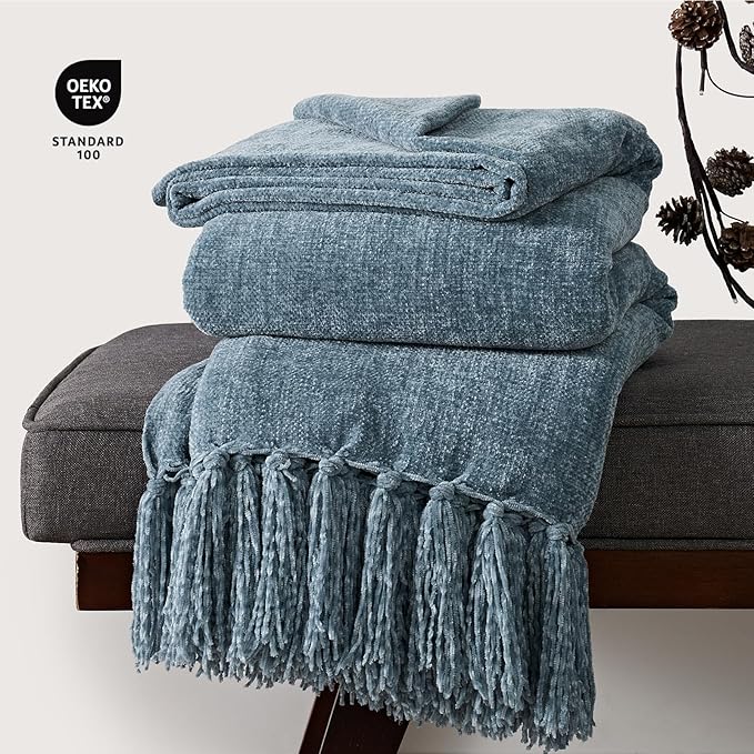 Chenille Knit Throw Blanket for Couch, 50"x60", Cloud Blue | Cozy Plush Fuzzy Knittd Throw with Tassels, Lightweight, Decorative, Farmhouse Decor, Ideal for Bed Sofa Gift, All Seasons