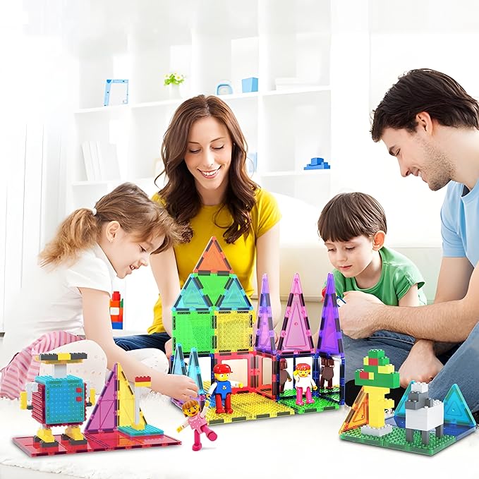 PicassoTiles 63pc Magnetic Tile Building Block Set with 2 Character Figures STEM 3D Construction Educational Toy for Kid Toddlers Boys Girls Age 3 Plus Montessori Learning Playset Creativity Kit PTL63