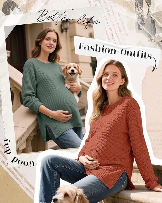 3 Pack Women's Maternity Shirts Long Sleeve Waffle Knit Side Split Oversized Tops Pregnancy Clothes Fall Tees
