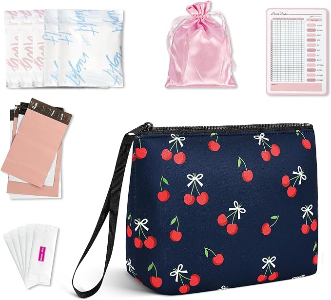 First Period Kit for Girls, Neoprene Cute Sanitary Napkin Storage Bag, Menstrual Pad Bag Tampon Holder for Purse, First Period Gifts for 9-12 (Cherry)