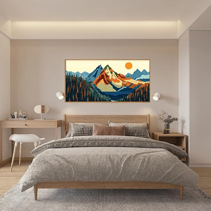 FWIEXA Vintage Mountain Framed Canvas Wall Art Set, Boho Sunrise Wall Prints, Abstract Nature Forest Artwork, Retro Lake Sunset Painting, 20x40 Inches Modern Rustic Decor for Living Room, Bedroom, Office