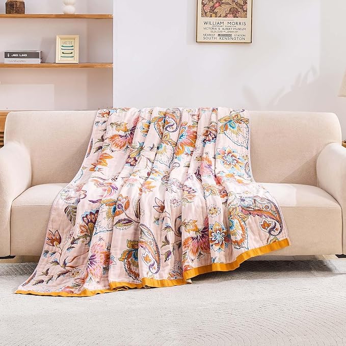 XIBLC Boho Throw Blanket for Bed, 100% Cotton Soft Rustic Quilt Fall Blanket, 90"x98" Floral Printed Farmhouse Decor Bed Blankets, All Season Rustic Reversible Bohemian Throw Quilt