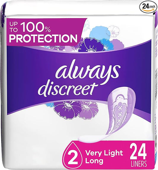 Always Discreet Incontinence Liners, Very Light, Long Length, 24 Count
