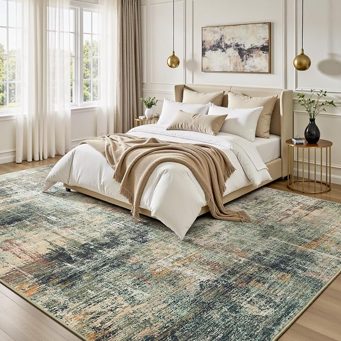 8x10 Area Rug for Living Room, Abstract Washable Large Rugs,Coffee/Green | Neutral Carpet for Bedroom, Dining Room, Home Office Nursery Indoor, Stain Resistant, Non-Slip, Low Pile, Modern Rug