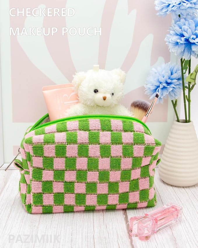PAZIMIIK 6PCS Checkered Makeup Bag for Purse Portable Zipper Make Up Pouch Small Cosmetic Case for Travel Accessories Pink Green