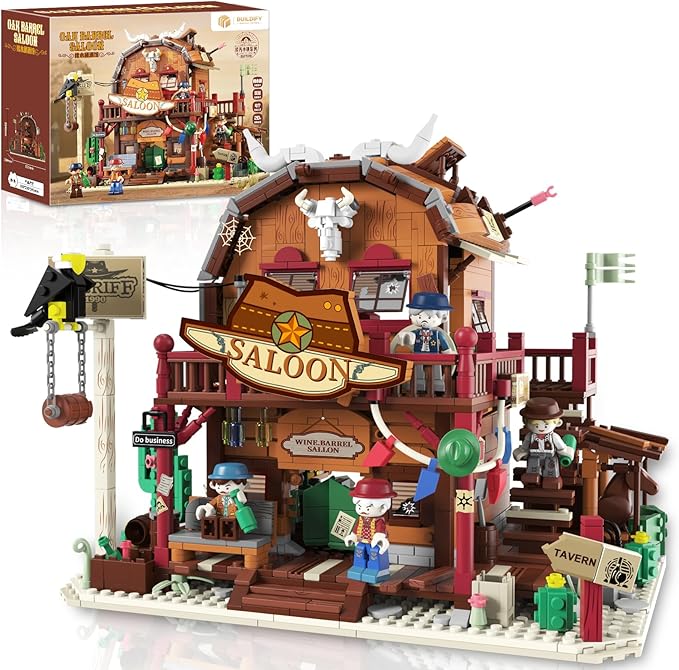 Western Saloon Building Blocks, Oak Barrel Saloon Architecture with Four Figures Model Building Toy, Old West Saloon Construction Building Set for Boys Girls Adults