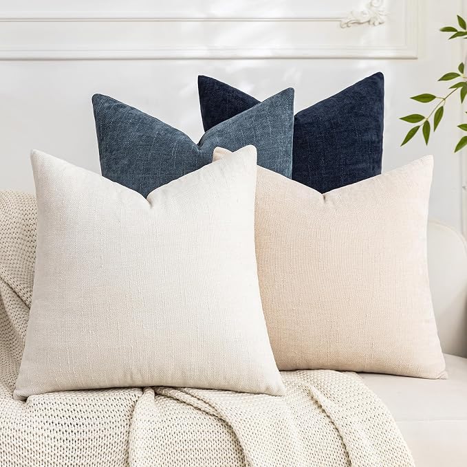 Set of 4 Soft Textured Decorative Throw Pillow Covers 16x16 Inch Cozy Farmhouse Cushion Cover Square Accent Pillow Cases for Bed Couch Sofa Living Room, Beige White Blue