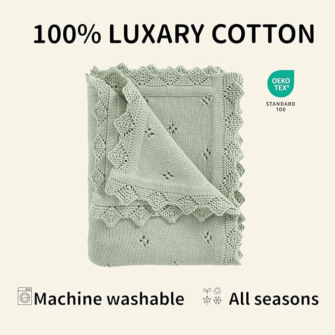 mimixiong Cotton Baby Blanket Knitted Crochet Receiving Crib Nursery Swaddling Blankets for Newborn Baby Boy Girl Sage Green 30x40 Inch