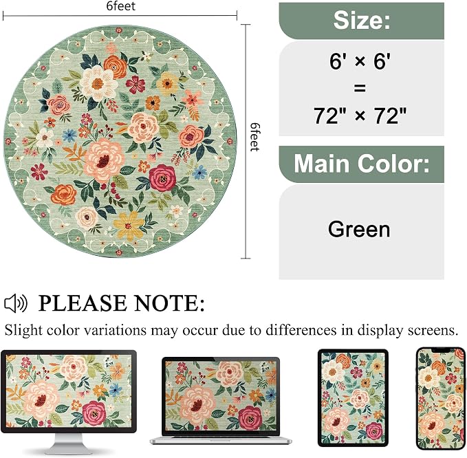 DUKINO 6ft Round Rug, Soft Washable Circle Rug for Bedroom Non Slip, Green | Low Pile, Stain Resistant Indoor Rug for Living Room, Dining Room, Kids Room, Office, Pet Friendly, Home Decor, Non-Shedding