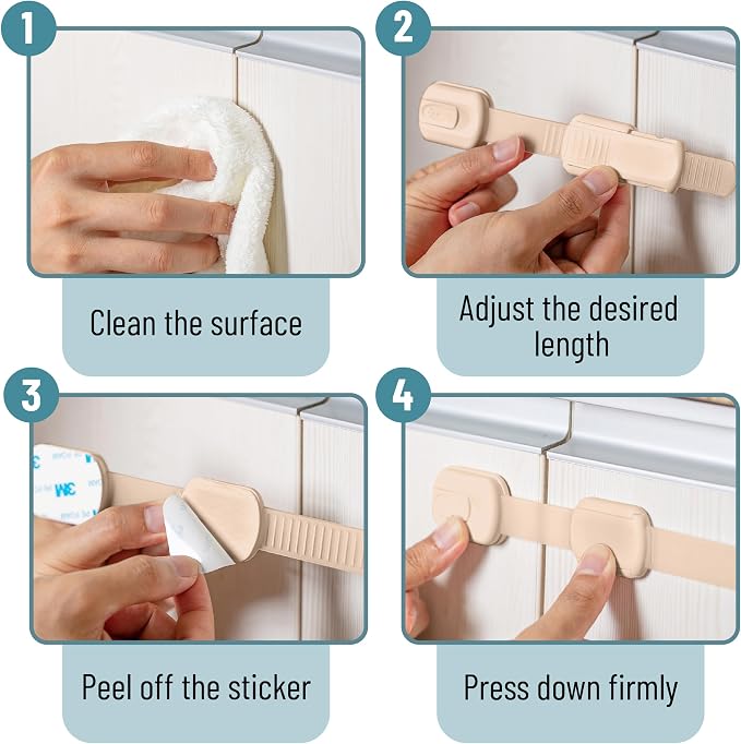 Bate- Child Safety Strap Locks, 8 Pack, Baby Locks for Cabinets, Drawers, Kitchen, Toilet, Furniture, Fridge, Multi-Purpose, Easy Install with Quick 3M Adhesive for Childproofing
