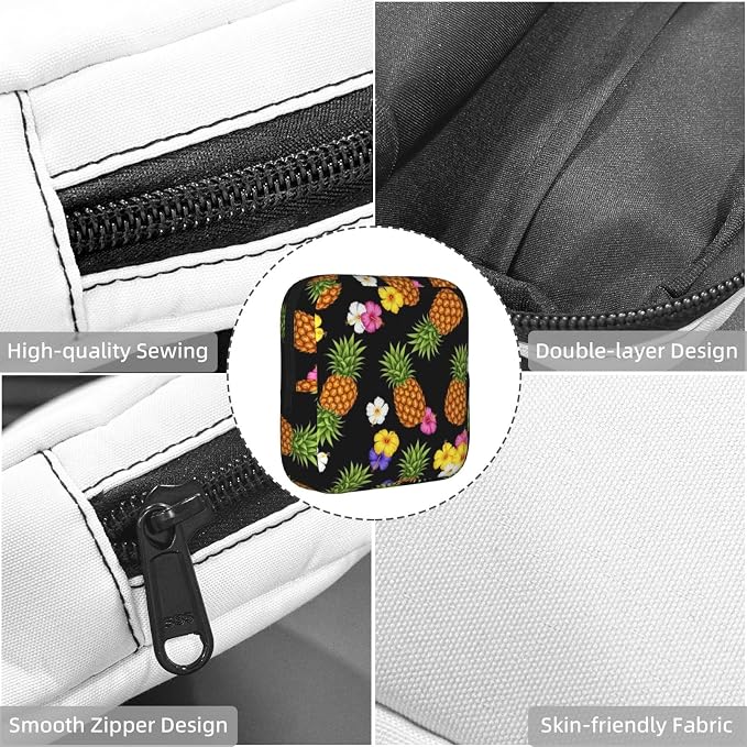 Cute Menstrual Pad Pouch with Zipper, Tropical Plants Pineapple Funny Floral, Reusable Polyester Feminine Product Organizer, Storage Bag for Daily Travel