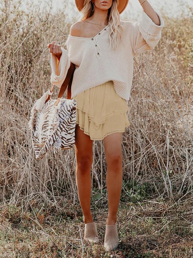 Flowy Shorts for Women Casual Boho Ruffle Tiered Skorts High Waist Mini Skirts Golf Tennis Crochet Shorts