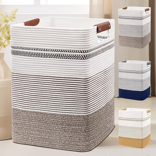 Laundry Hamper, 85L Cotton Rope Laundry Basket, Rice Brown & White | Foldable nursery hamper with leather handles; store blankets, toys, baby clothes and laundry in bedroom or living room