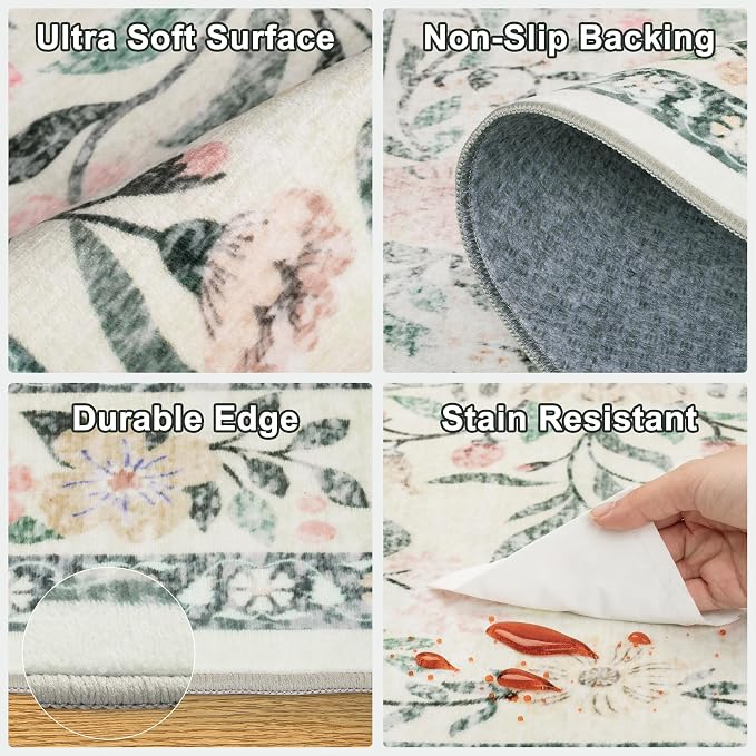 Runner Rug for Entryway: 2x5 Kitchen Rugs Non Slip Washable Ultra-Thin Soft Floral Carpet Indoor Floor Stain Resistant Carpets for Hallway Bedroom Kitchen Laundry Bathroom Dorm Green/Beige