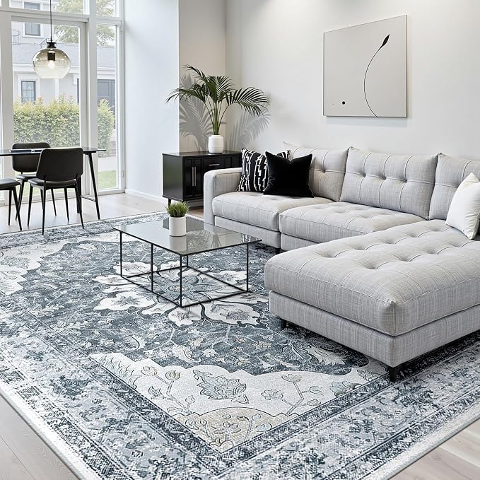 RELEANY Area Rugs 8'x10' Washable Non-Slip, Floral Vintage Distress Medallion Carpet for Living Room Bedroom Dining Room, Light Gray Grey White