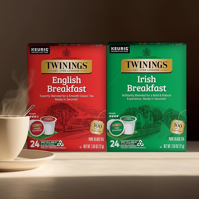 Twinings English Breakfast Black Tea K-Cups for Keurig, 24 Count (Pack of 1) + Irish Breakfast Black Tea K-Cups for Keurig, 24 Count (Pack of 1)
