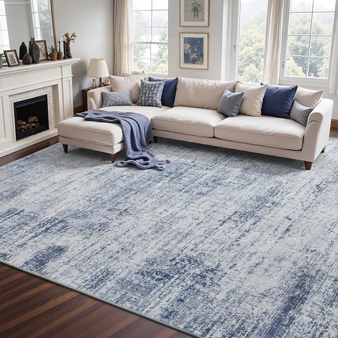 9x12 Ft Extra Large Washable Area Rugs for Living Room, Soft Non-Slip Modern Abstract Pattern Carpet for Bedroom Indoor Floor Nursery Home Decor (Blue)