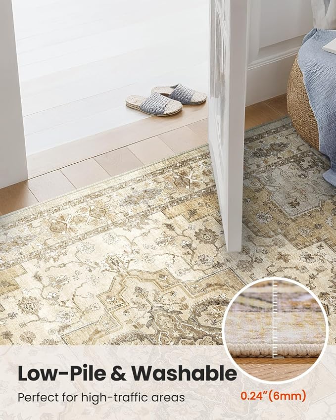 AMADA HOMEFURNISHING 9x12 Area Rug for Living Room,Vintage Washable Area Rug Low-Pile & Non-Slip Carpet for Bedroom Dining Room Nursery Home Office, Beige/Cream