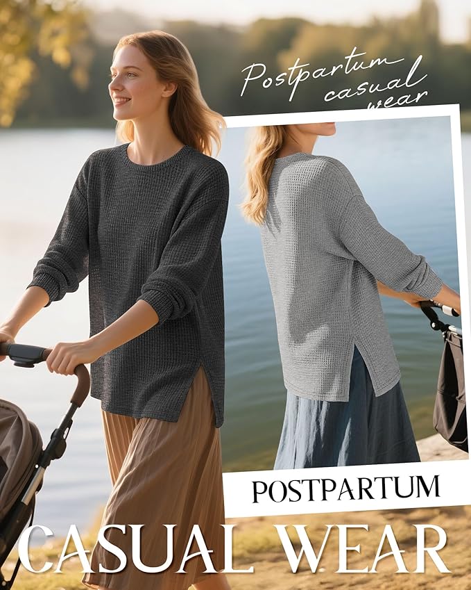 3 Pack Women's Maternity Shirts Long Sleeve Waffle Knit Side Split Oversized Tops Pregnancy Clothes Fall Tees