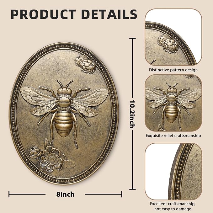 Newinhome Vintage Bee Wall Sculpture, Antique Wall Decor, Hanging Decoration with Embossed Bee Design, Vintage Decoration for Living Room, Bedroom and Hallway, Housewarming Gift