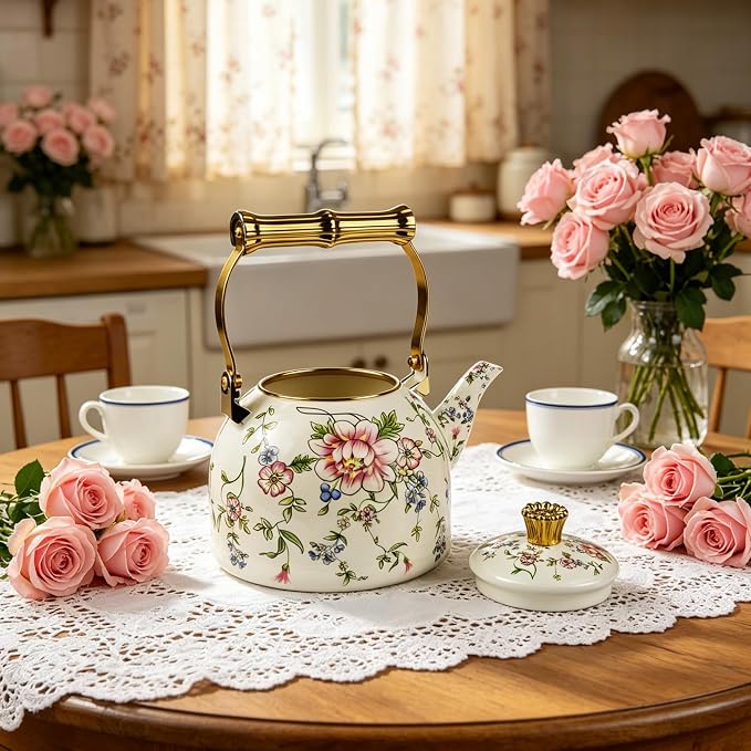 Vintage Enamel Tea Kettle Rose Floral Pattern Stovetop Teapot with Gold Handle, 2.5L Enamel Kettle Kitchen Decor, Ideal Gift for Housewarming Camping Coffee Pot