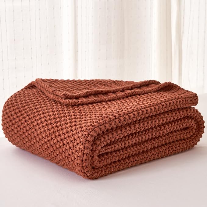 Chunky Cable Knit Throw Blanket Lightweight Rust 100% Organic Cotton Blanket for Sofa Couch Bed Baby Nursery, Rustic Shabby Chic Modern Farmhouse, 60” x 80” Give Laundering Bag