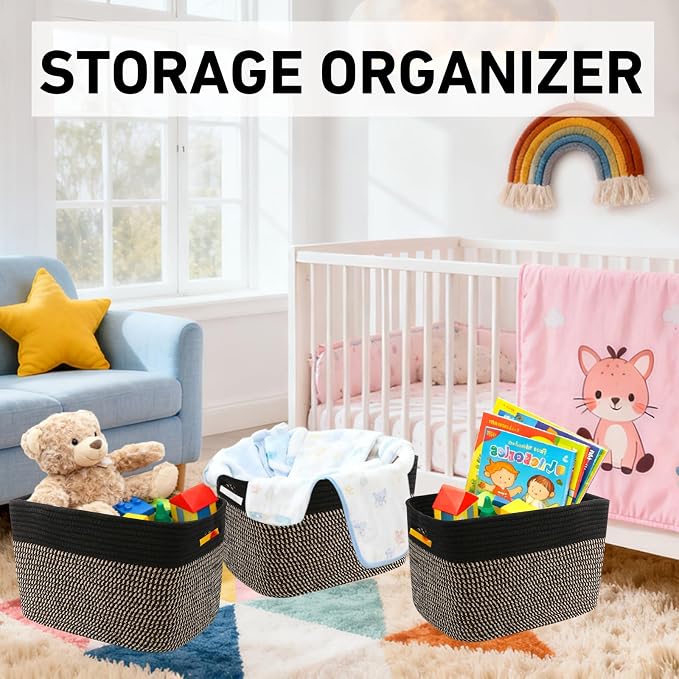 3 Pack Woven Baskets,Storage Baskets for Shelves with Handles | 13.5"×11"×9.5", Closet Baskets, Nursery Organizer for Toys Towels Books, Storage Bin for Living Room Bedroom (Black & Jute)