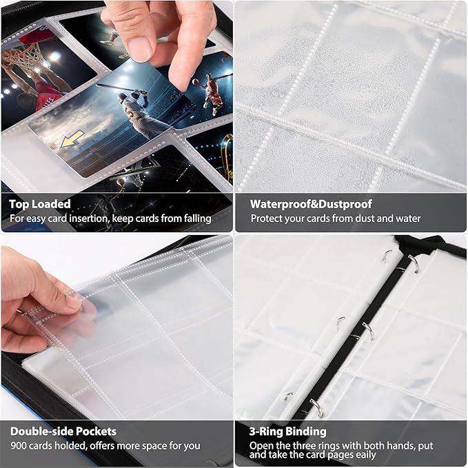 WOT I Baseball Card Binder, 900 Pocket Sleeves with Zipper, Double Sided Pockets Carry Case for Baseball, Football Cards (Blue)