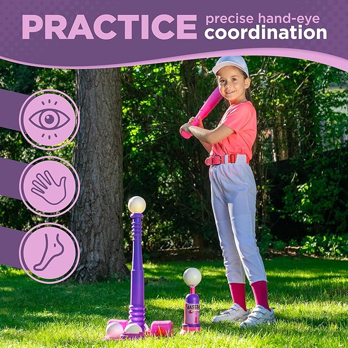 TOMLEON T Ball Stand for Kids and Toddlers 1-3, 3-5, 5-8. Baseball Set Includes 6 Large Balls, an Adjustable Tball Batting Tee, and a Pitching Machine. Kids Bat and T-Ball Set