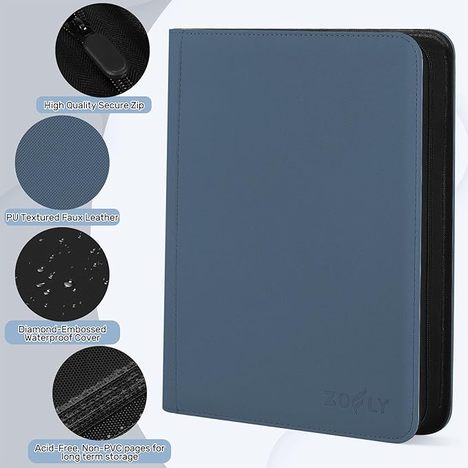 1000+ Pockets Trading Card Binder, 16 Pockets Zipper Binder Card Album, 32 Pack Double-sided Side Loading Non-Ring Card Binder, Card Holder Folders for MTG, TCG, Game Cards & Sports Cards, Navy Blue