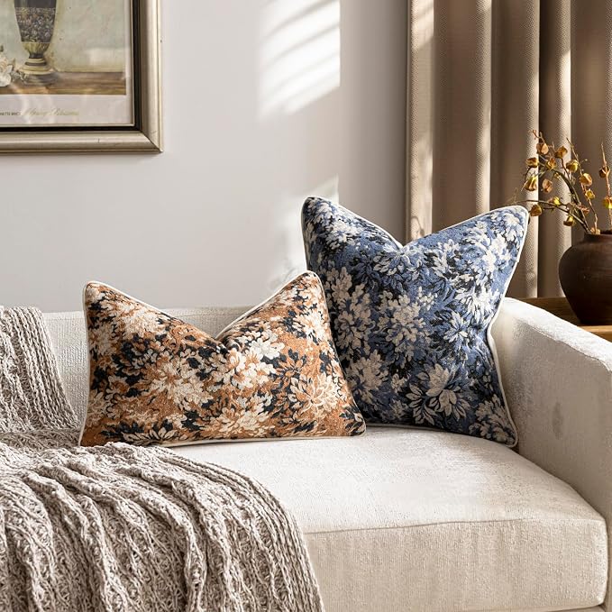 Pack of 2 Vintage Floral Throw Pillow Covers 18x18 Boho Farmhouse Accents Chenille Square Decorative Pillow Cases for Living Room Couch Bed Home Decor, Dusty Blue