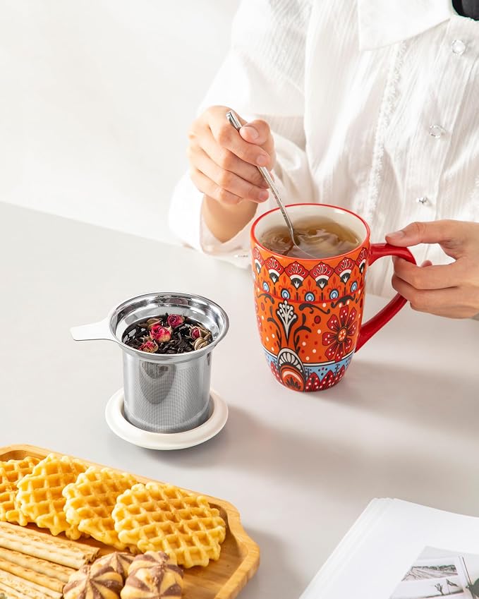 vancasso Ceramic Tea Cup with Infuser and Lid, 18 Ounce Tea Infuser Mug for Loose Leaf Tea, Microwave & Dishwasher Safe, Bohemian Mandala, Gift for Tea Lovers, Crimson Sunburst