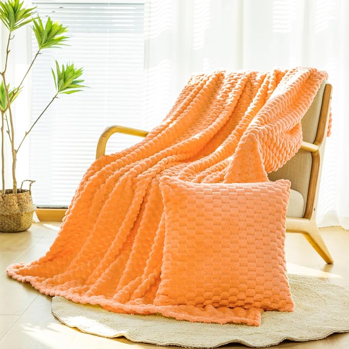 Bnuitland Flannel Throw Blanket, 300 GSM Fleece Cozy Warm Soft Home Decor Lightweight Bed Sofa Blanket for Adults, Suitable for All Seasons(Light Orange,50X71 inches with Pillow Cover)