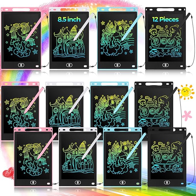 Tinlade 12 Pack LCD Writing Drawing Tablets 8.5 Inch Bulk Colorful Doodle Board Erasable Electronic Painting Drawing Pads Learning Toy Gifts for Kids Christmas School(Pink, Light Blue, White, Black)