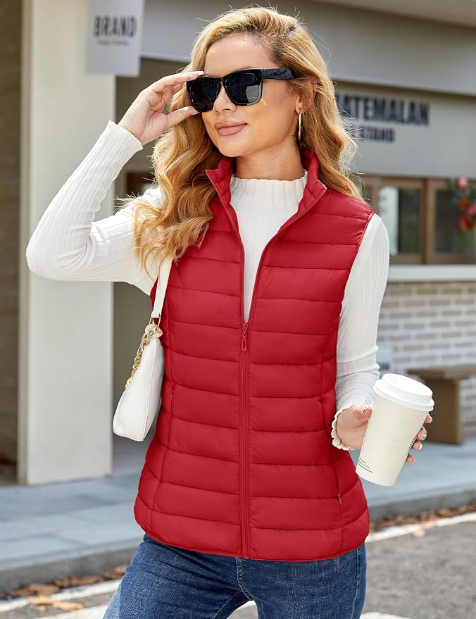 MAGCOMSEN Women's Puffer Vest Lightweight Stand Collar Zip 4 Pockets Puffy Vests Sleeveless Quilted Padded Outerwear