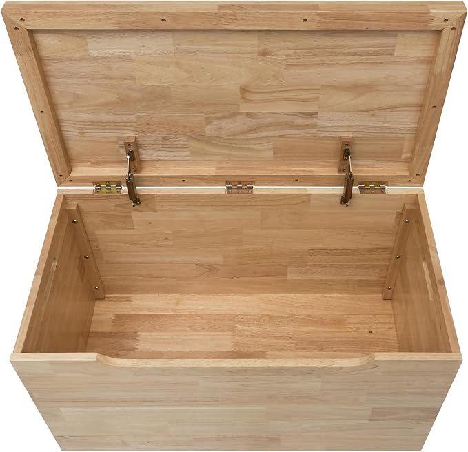 Solid Hardwood Storage Trunk, Natural, 35.5x18.63x19.5 | 2 Safety Hinges, Heavy-duty, Box, Rubberwood
