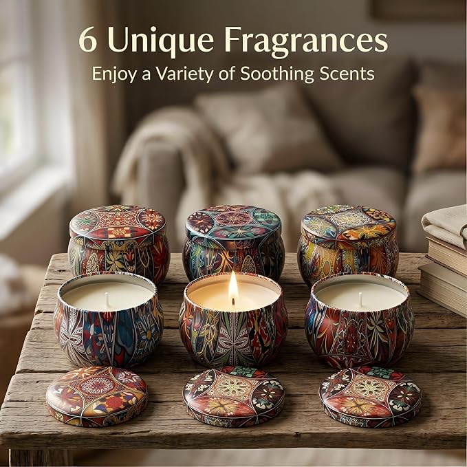 Topadorn 6 Pack Scented Candles Gift Set, Soy Wax Aromatherapy Candles in Decorative Boho Tins, Lavender Vanilla Jasmine Gardenia Lemon Rosemary, Candle Gift Box for Women & Home Decor