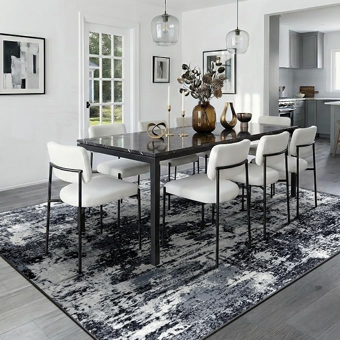 RELEANY Washable 8'x10' Abstract Area Rug for Living Room Black White | carpet for bedroom, kitchen, office, hallway and entryway, printed pattern, non-slip, soft, stain-resistant, easy to clean