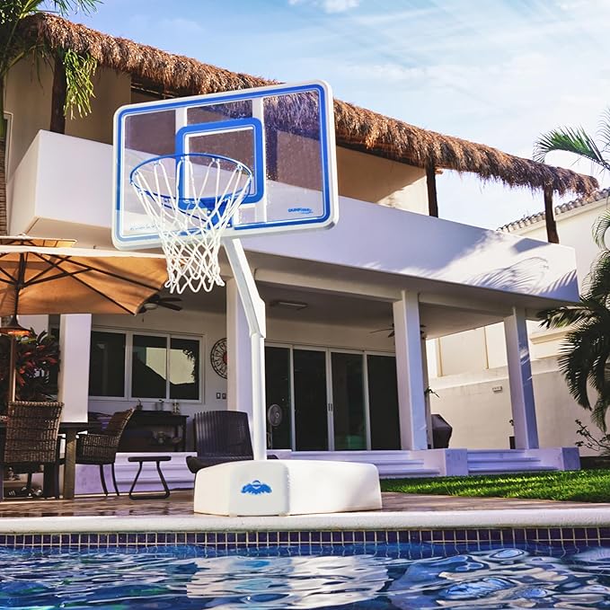 Dunn-Rite Splash & Shoot Clear Outdoor Adjustable Height Swimming Pool Basketball Hoop w/Ball, Base, & 18 Inch Stainless Steel Rim, Blue
