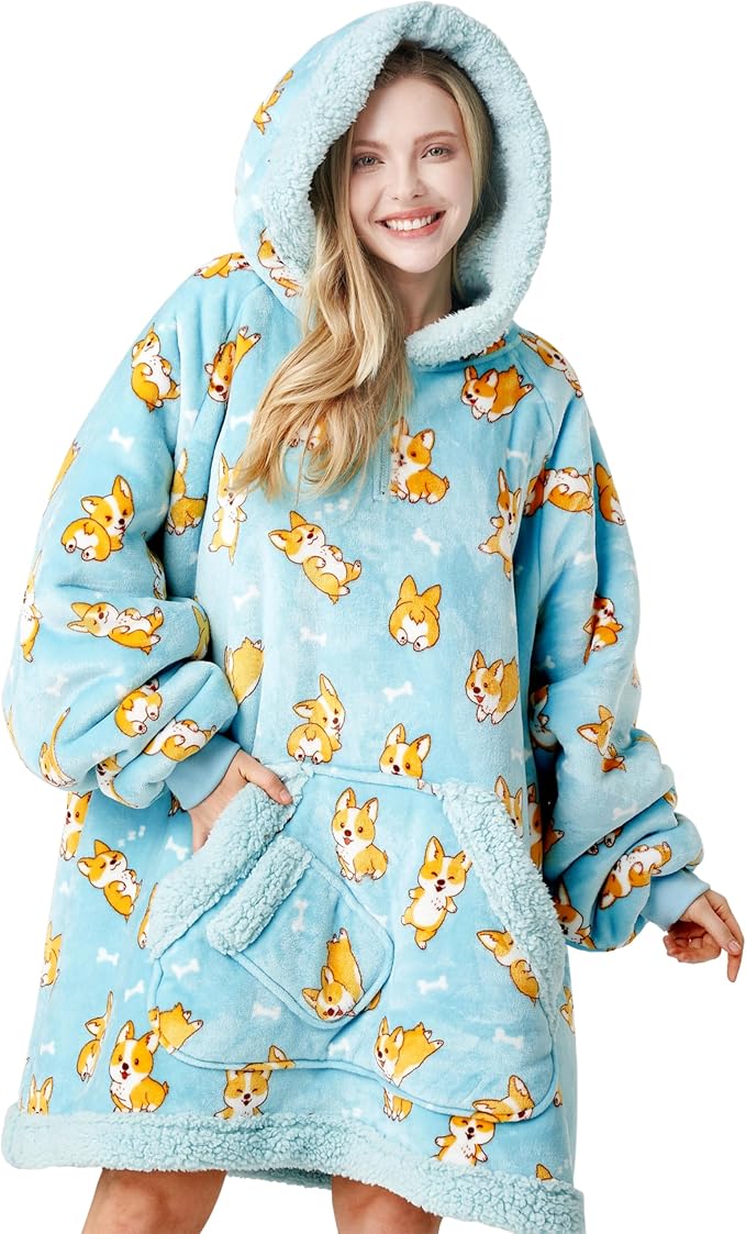 Giggling Getup Wearable Blanket Hoodie for Adults Gifts for Teen Girls Sister Women Sherpa Fleece Printed Hooded Blanket Sweatshirt Warm Cozy with Pocket & Sleeves Blue Corgi