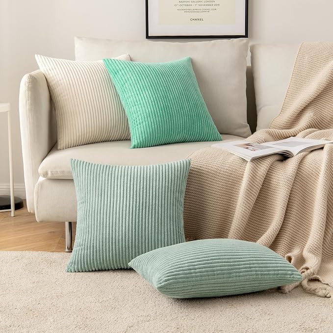 MIULEE Soft Corduroy Throw Pillow Covers Set of 2 20x20 Greyish Green | Decorative Striped Textured Cushion Cases, Boho Natural Greenery Pillowcases, Home Decor for Couch Chair Sofa Living Room