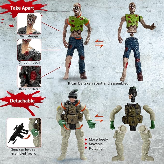 Army Men VS Zombie Action Figures, Realistic 6 Zombie Toys Playset 6 Army Toy Set with Weapons 2 Dog Figures, Halloween Decor for Boys 4-7 (14PCS)