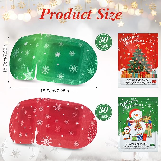 Demissle 60 Pack Christmas Steam Eye Masks Bulk for Dry Eyes Disposable Eyes Masks Cover Self Heating Red and Green Moist Heat Eyemasks Holiday Warm Eye Compress Gift for Women Home Office Travel