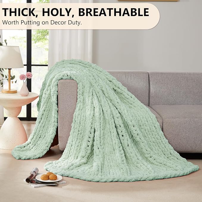 L'AGRATY Chunky Knit Throw Blanket for Couch, 50 x 60 Inches, Milky Green | Handmade Chenille Crochet Blanket for Sofa Bed, Thick Cable Knitted Blankets for Room Home Decor, Birthday Gift for Women Mom