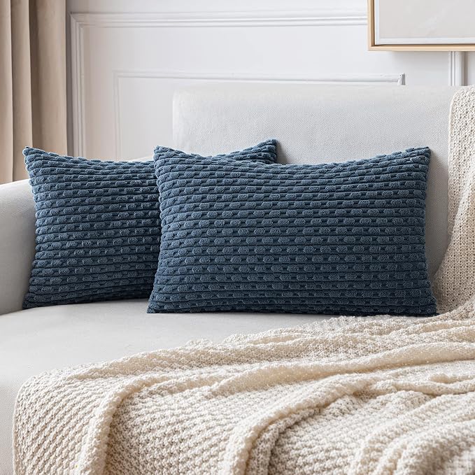 MIULEE Lumbar Decorative Throw Pillow Covers 12x20 Blue Textured Corduroy | Striped Pack of 2 Striped Pillow Covers Modern Farmhouse Coastal Home Decor for Couch Bed Sofa Living Room