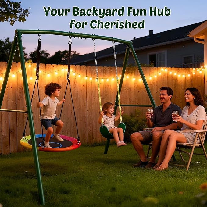 Trekassy 440lbs Capacity Swing Sets for Backyard - 2 Seat Outdoor Playset with Saucer & Belt Swing, Heavy-Duty A-Frame Metal Stand for Kids Family Fun (Patented)