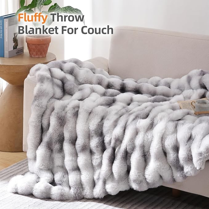 Faux Fur Throw for Couch - Tie-dye Grey Bubble Blanket 60"x80" | Fluffy Plush Fuzzy Throw for Sofa & Bed, Super Soft Cozy Comfrt Blanket, Luxury Aesthetic Grey Decor Gift for Women