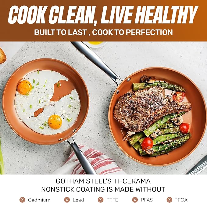 Gotham Steel 9.5 Inch Copper Non Stick Frying Pans Skillet | Ceramic Non Toxic Coating Made Without PFOA/PTFE/PFOS, Lightweight, Stay Cool Handle, Oven and Dishwasher Safe
