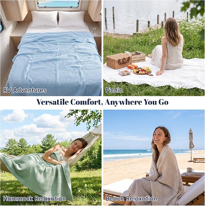 PHF 100% Cotton Waffle Weave Throw Blanket, Lightweight Breathable Summer Blanket for Couch Sofa, Pre-Washed Soft Throws for Bed, Office, Travel & Stylish Home Decor, 50"x60", Bright Navy