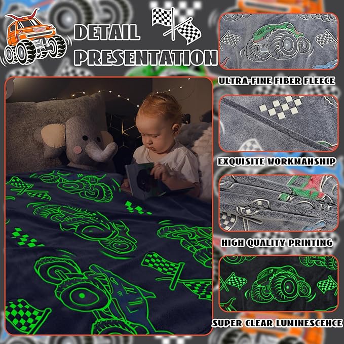 Boys Truck Car Toys Unique Gifts for Kids Glow in The Dark Blanket Glowing Cartoon Tractor Throw Blanket Soft Fleece Blanket Excavators Room Bed Sofa Decor Blankets